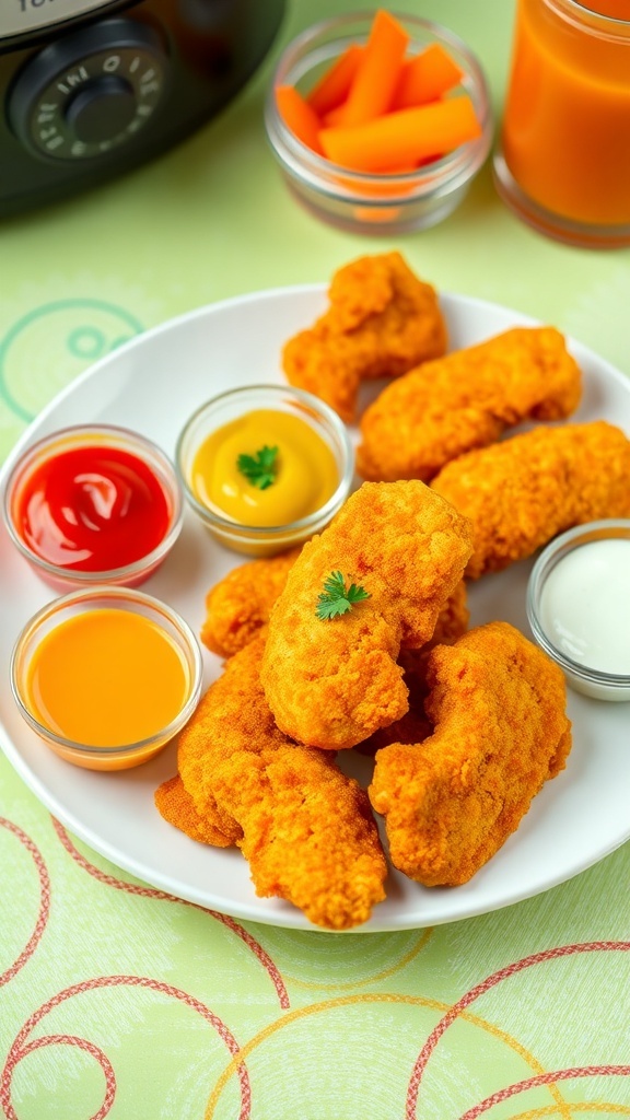 Kid-Friendly Air Fryer Chicken Tenders Crispy air fryer chicken tenders with dipping sauces and carrot sticks on a colorful plate.